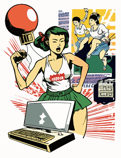 Japanese comic book style, an Asian young climate activist, a Asian feminist, a female human rights activist, and a female worker imagine a "hammer" and a "keyboard," together on a big stage, and their imagined hammer and keyboard shapes float in a single bubble, Non-letter illustration. white background, vector, illust