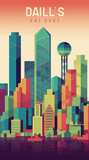 Dallas Texas City Skyline vector art, Accurate buildings, 1960s poster, pretty colours, geometric minimalism