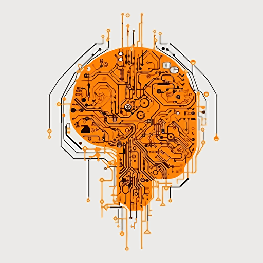 2D vector brain in minimalism cyberpunk style and in orange colors. Background white