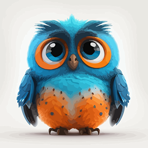 A blue baby owl, smiling, orange eyes, white background, vector art , pixar style