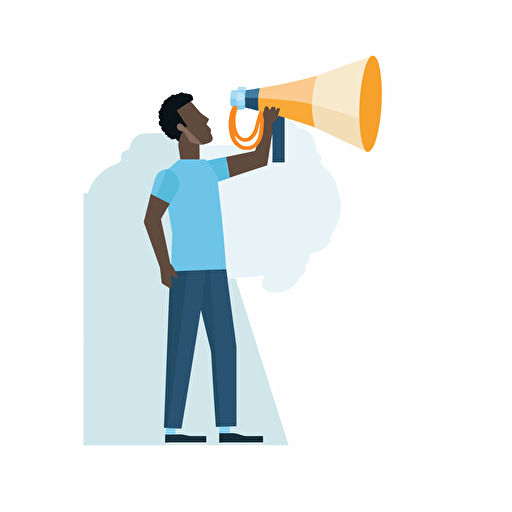 A man holding a megaphone, speaking into one end with email messages being projected out on the other end. flat style illustration for business ideas, flat design vector, industrial, light color pallet using a limited color pallet, high resolution, engineering/ construction and design, colored cartoon style, light indigo and light gold, cad( computer aided design) , white background