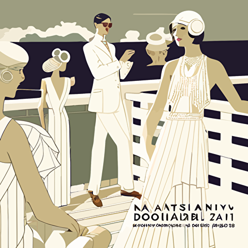 1920's advertisement summer party on a rooftop terrace in barcelona where people are all dressed in white, art deco, vector, minimalistic