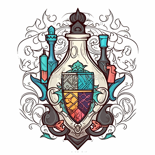 Digital illustration of coat of arms with thick black outline, fantasy inspired, shield, sword, potion, white background, cute, colorful cel-shaded potion bottle in Pixar style, prop design, contour, vector art