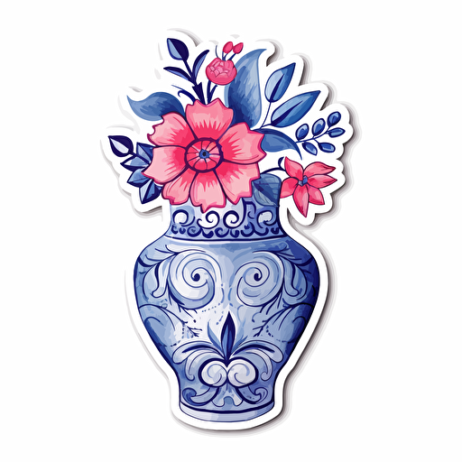 watercolor vector illustration boho porcelain vase sticker white background