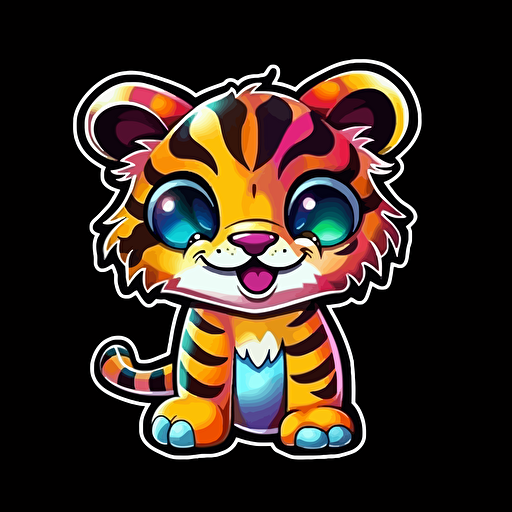 sticker, colorfull cartoon tiger, kawaii, contour, vector, black background