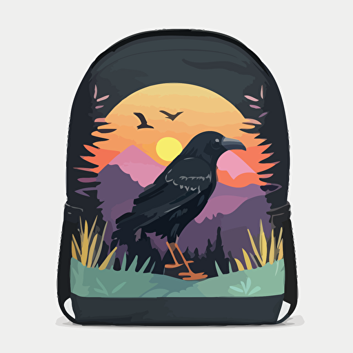 a raven on forest trail. Backpack, forest, mountain line, sunset. Cute, happy, vector, game design.