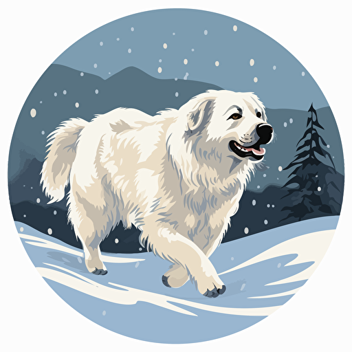 vector illustration of a Great Pyrenees running through the snow, set in a circle, white background