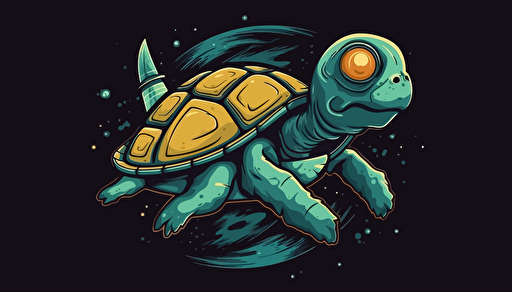 outer space turtle mascot, rocket shell, flying by moon, 2d vector illustration