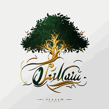 logo of a company with name "Alpha Green", arabic style lettering handwritten, with the tree growing from the middle of the name: golden letters on the white background: make it look rich and exclusive: two colors only, no shades, vector: middle east motives