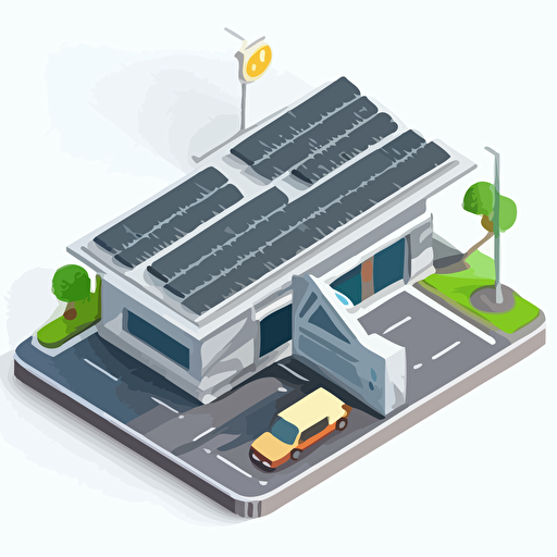 simple vector drawing, single color car repair shop with photovoltaic panels on the roof, white background, isometric view