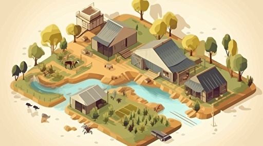 low poly vector illustration of african farm. Isometric perspective.