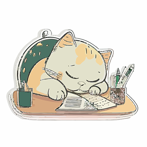 sticker, cute cat studying on a desk, liu yi artist style, vector, contour, white background