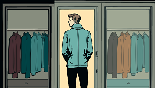 a guy is waiting curiously in front of the wardrobe of a fashion store, , illustrated, vectorized, comic style, 5 colors
