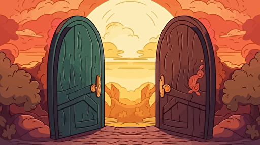 simple warm color background with two large curved doorframes, situated in the middle of the frame, with both doors being portals to other worlds. The left door opening to a town with creatures. The right opening to colorful wildlands. Vector illustration. 2D hand drawn cartoon animation style with bright colors.