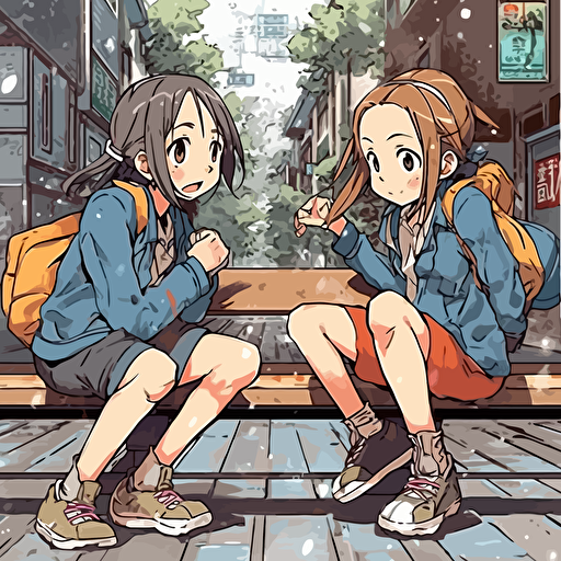 two anime manga styled girls form K-ON anime manga are doing kicks on a bench, in the style of multilayered dimensions, kawaiipunk, manga style, aerial view, illustrative, animal intensity, wimmelbilder, playful recombinations, strong use of color, high-angle