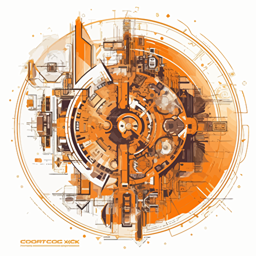 2D vector Oclock in geometry cyberpunk style. Colors: orange & white background