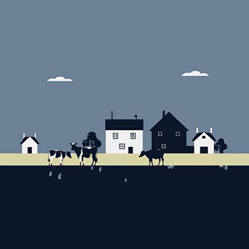 minimalistic vector art, small farm with cows and a cornfield