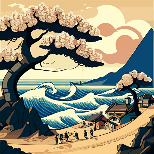 Influenced by Hokusai's "The Great Wave off Kanagawa," design a vector illustration of a coastal village with people enjoying a sunny day at the beach, with a stylized wave approaching the shore in the background.