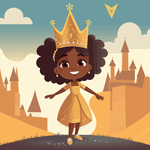 Vector Illustration of a beautiful, happy, light skin hue black little Girl Princess standing, no expression or emotion , wearing a golden crown with diamonds and sapphires.