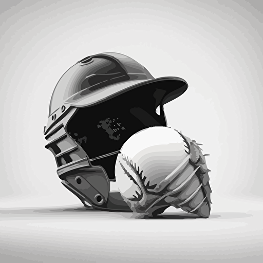 2d Vector art of a cricket helmet next to a soccer ball, black and white, crisp, clean