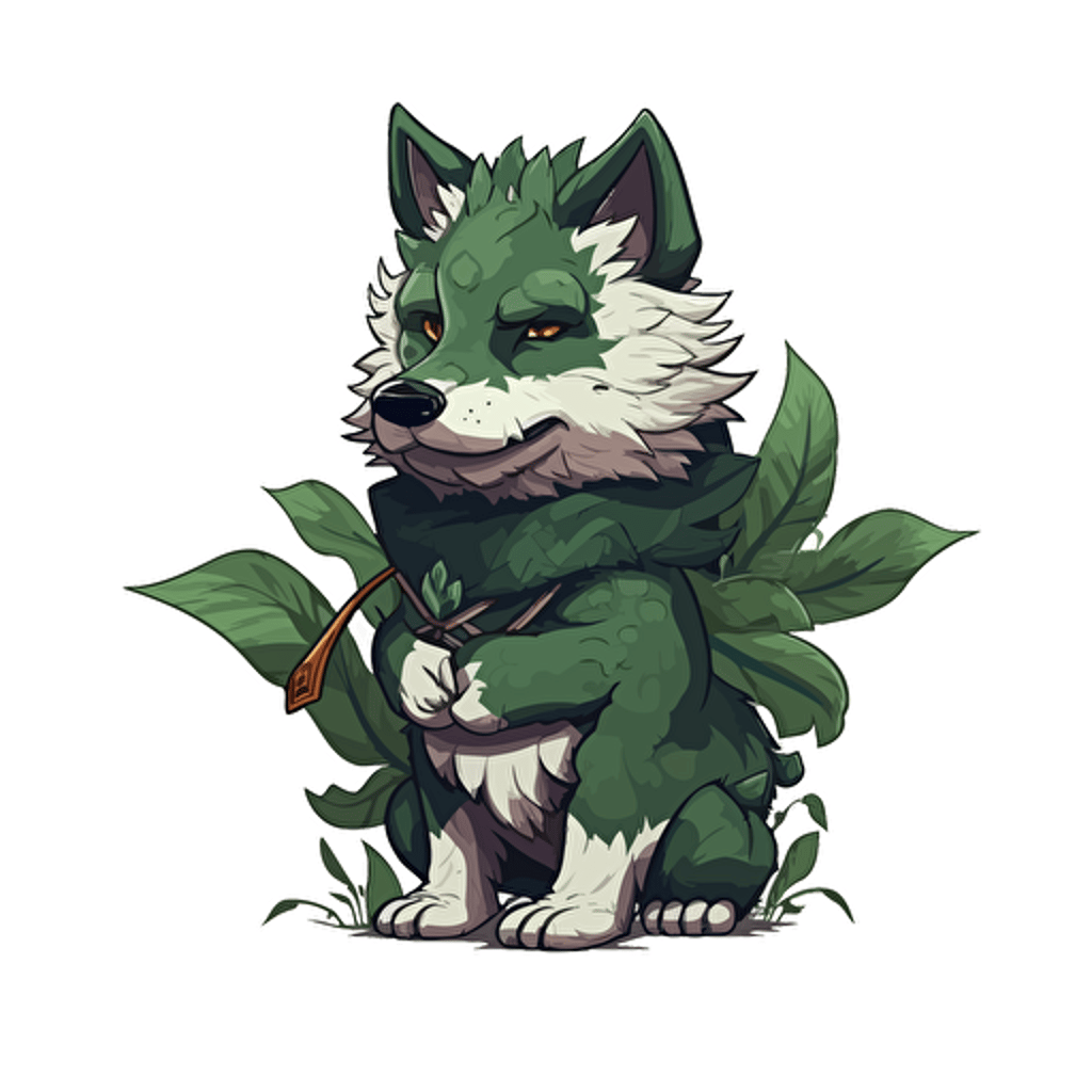 a friendly wolf made of green leaves, holding a dagger in its mouth. White background. Vector art. Digital art.