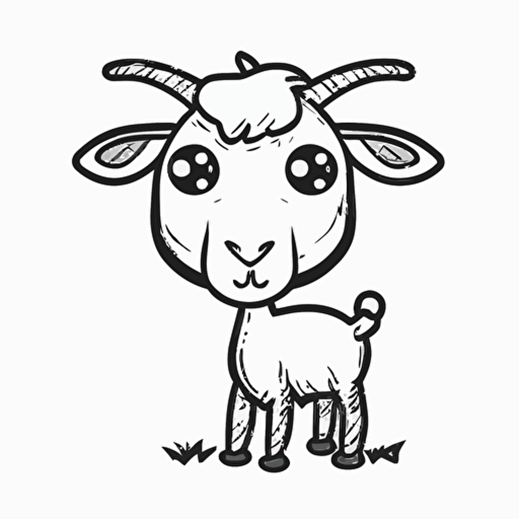 cute goat in farm, big cute eyes, pixar style, simple outline and shapes, coloring page black and white comic book flat vector, white background