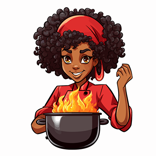 vector 2d sould food Black female chef mascot. wearing red and white clothing. holding a flaming pot of fried foods and vegetables