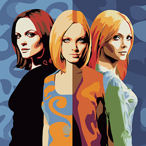 the Spice Girls, Melanie Chisholm, Geri Halliwell, Victoria Adams, Emma Bunton, Melanie Brown, 1997, cartoon style, vector, minimalistic, v5