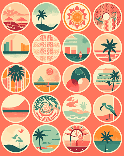 vacation vibes motif, retro aesthetics, classic patterns, vector image, sticker design, pantone color scheme: 12-1706 TCX, 12-0824 TCX, 15-0146 TCX, 15-1164 TCX, 16-6340 TCX, 17-4247 TCX, 18-2043 TCX, 19-6026 TCX. The final piece should exude a warm, holiday-like ambiance.
