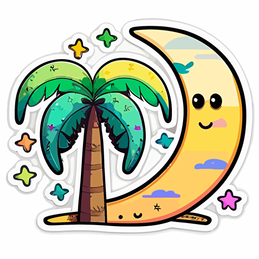 sticker, Happy Colorful palmetto tree underneath a cresent moon, kawaii, contour, vector, white background