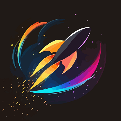 flat vector adobe illustartion 2d hd logo for a social media company that incorporates a flying comet shape using clean simple done in bright colors black background, cold feeling, futuristic feeling, out of this world feeling, logo like space x company as inspiration
