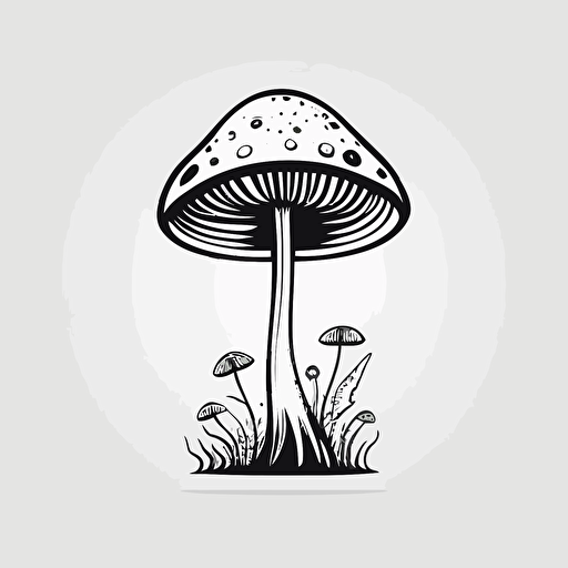 whimsical mushroom in style of charles williams, simple, black and white, flat, vector, line drawling, white background ar 1:1