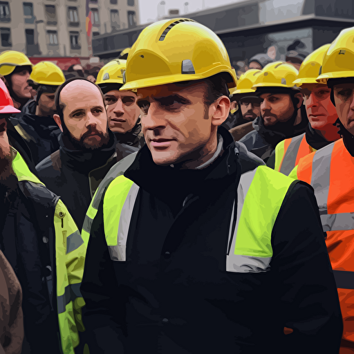 french president Macron dressed with a fluo work suit yellow jacket and a worksite helmet, among a mad crowd of protestor, journalistic photo, real life protest, people are actively moving
