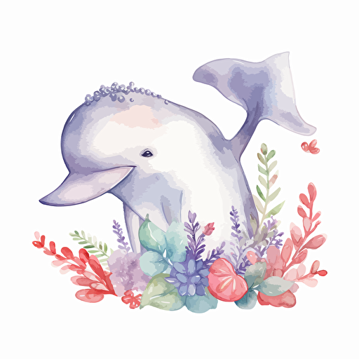 cute whale, detailed, cartoon style, 2d watercolor clipart vector, creative and imaginative, floral, hd, white background