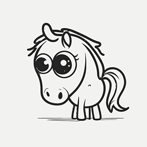 cute horse in farm, big cute eyes, pixar style, simple outline and shapes, coloring page black and white comic book flat vector, white background