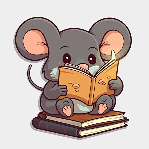 cute, cartoon mouse reading a book by candle light, sticker, wall decal. vector