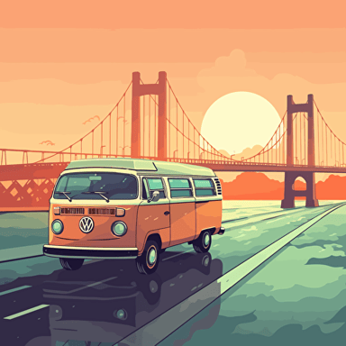 Minimalistic, Vector volkswagen bus T2 1978, Pop art deco noveau, flat 2d vector design, pastels, landscape art, city skyline with rivers and bridges and rolling hills, sunrise, volumetric, Natural color scheme, Digital art, Flat, Opaque colors, Octane render, Volumetric lighting, Clean linework, Muted color palette, Hard shadows, Kilian Eng,