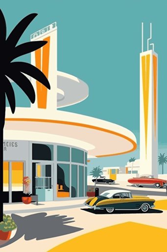 1960's advertisement gasoline station, summer, art deco, vector, minimalistic,