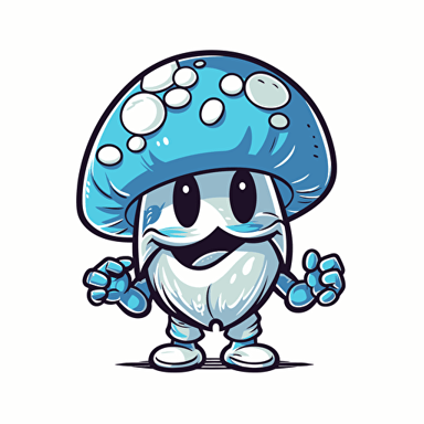 An anthropomorphic champignon with a blue head, sticker design style, energetic overall mood, warm colors, disney pixar style, contour, vector, white background, detailed