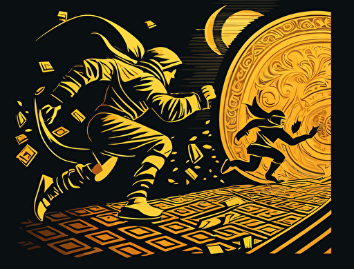 vector of robbery chasing victim and carrying gold copyright coins, in the style of code-based creations, innovating techniques