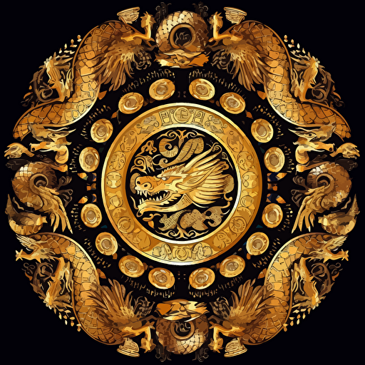 front view, vector art, fun, a gold border with gold coins, money, dragons, black background, symmetry, symmetrical,