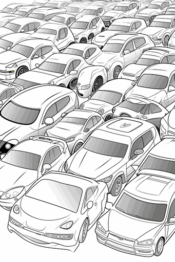 colouring book for kids, different cars separated by space, cartoon style, vector, little detail, no shadow, black and white, white background