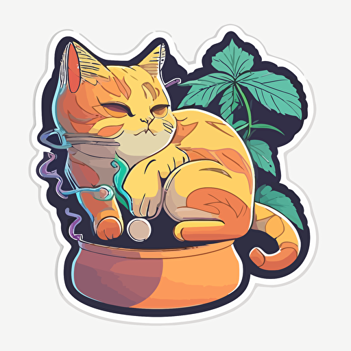 Cat smoking pot, Sticker, Relaxed, Warm colours, anime, Contour, Vector, white background, Detailed