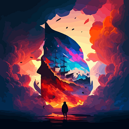 a flagship sailing into the purgatory,, giant clouds with human forms and silouettes, artistic, colorful, epic, fantastic, fantasy, magic, particles, vectors