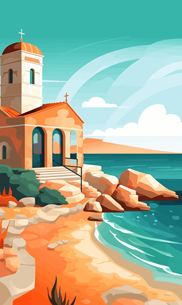 greek building on the beach, sea, ocean, sand, sky, blue and orange, simple vector art style