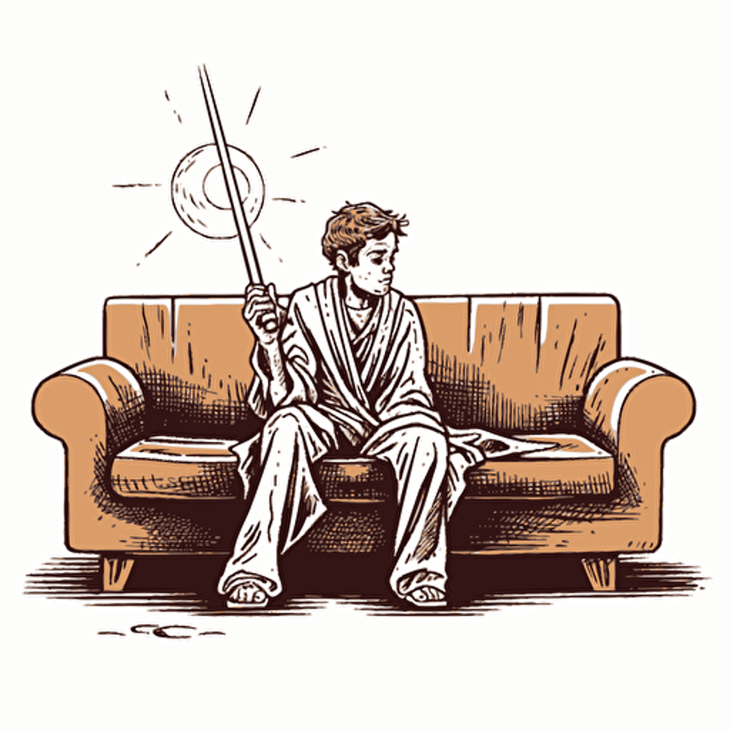 Young luke skywaker in jedi robes holding a lit lightsaber, on a psychiatrists couch looking worried, vector illustration