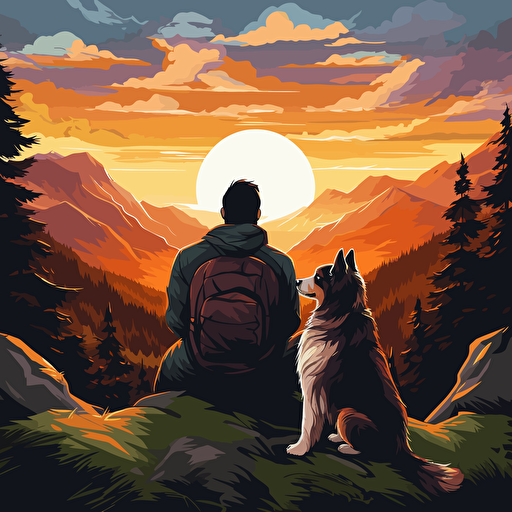 vector art of a big guy and his Australian Shepard watching a sunset in the mountains