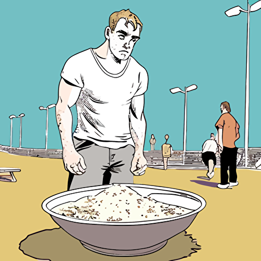 gta san andreas style drawing of a young white man standing on center of a playground and eating cereals from bowl with a spoon, digital drawing, vector, hd