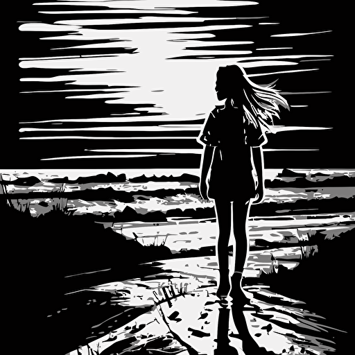 black and white, vector drawing, minimal design, illustrator, girl standing in beach looking sunset