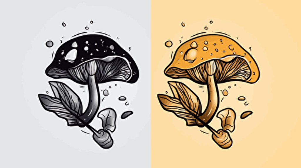 minimal vector logo of a mushroom and pothos, pencil sketch, lavender and golden yellow colors with white and black accent